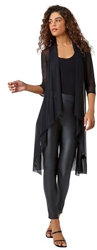 Roman Originals Women's Mesh Sheer Longline Kimono - Ladies Fashion Cover ups for Formal Fancy Casual Everyday Work Evening Dinners Party Christmas New Years Occasions - Black - Size 18