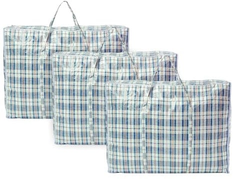 Bolsas de compras extragrandes a cuadros para almacenamiento de lavandería, paquete de 3, (60 x 50 x 25 cm), fuertes y duraderas, impermeables, bolsa de transporte con cremallera, asa de