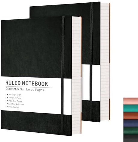 2er Pack Notizbuch B5 Liniert Softcover, RETTACY großes Tagebuch mit PU Leder, 100 g/m² Dickes Papier, 408 Nummerierten Seiten, Haftnotizen, 19 x 25 cm(schwarz, schwarz)