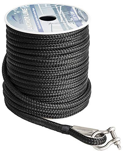 Young Marine Made 3/8 tum 100 FT 150 fot svart nylon ankarlina dubbelflätat ankarrep/linje med kaus (1 cm x 150 tum)