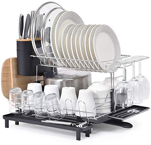 kingrack 2 Tier Dish Rack, 304 Stainless Steel Dish Drainer, Large Capacity Dish Drying Rack with Stretchable Drip Tray, Removable Cutlery Cutting Board Wine Glasses Cups Holder & Plate Rack