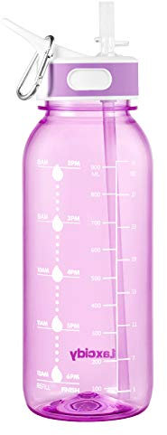 GHONLZIN Wasserflasche 1L Sports Bottle BPA-freier Trinkflasche mit Zeitmarkierungs-Tracker, Spülmaschinenfest Water Bottle für Fahrrad, Gym, Yoga, Outdoor, Camping