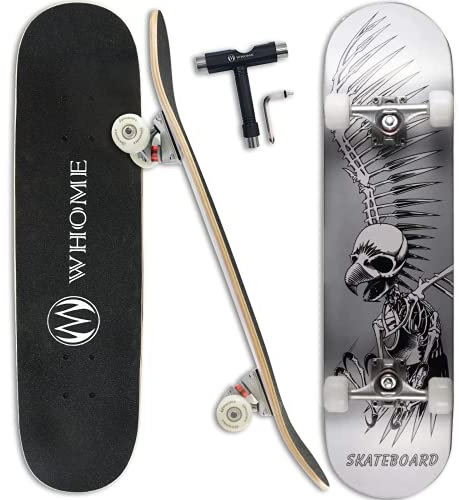 WHOME Pro Skateboards Completo para Adultos jóvenes y Principiantes – 31 x 8 Pulgadas Doble Patada cóncava patineta estándar para niña y niño 8 Capas Alpine Maple Deck Incluyen T-Tool (Plateada)