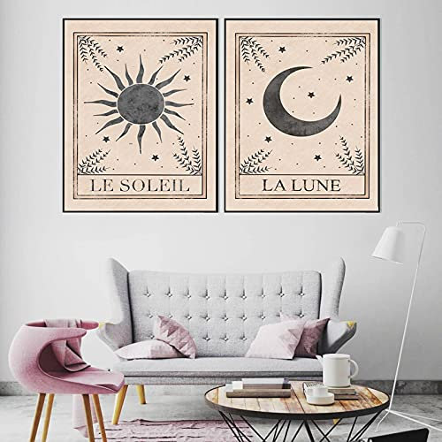 Leinwanddrucke Minimalist Celestial Poster Art Mondphasen Lunar Le Soleil Dekoration für Wohnzimmer Vintage Bild 30x45cm (12x18in)x2 Mit Rahmen