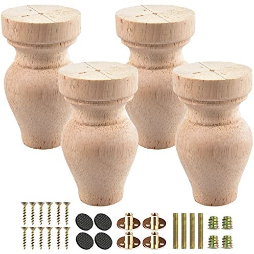 TCHOSUZ 4 inch / 10cm Wooden Furniture Legs, Pack of 4 Unfinished Solid Wood Turned DIY Replacement Bun Feet with M8 Hanger Bolts & T-Nuts or Sofa Couch Cabinet Recliner Ottoman Riser