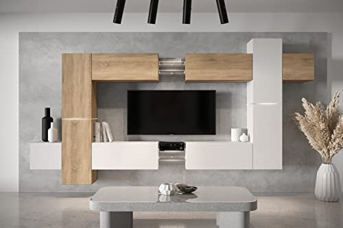 Furnitech Wohnwand Wohnzimmer - Wohnzimmer Möbel mit LED Weiß - Hängend Wohnwand Modern - Wohnzimmer Schrankwand mit Regale und TV Schrank (AN91NEW-21SW-M16)