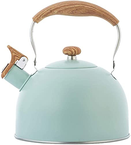 Bollitore a fischio con manico in legno da 2,5 l, moderno bollitore a induzione, in acciaio inox, con manico, per cucina, campeggio, a gas (verde chiaro)