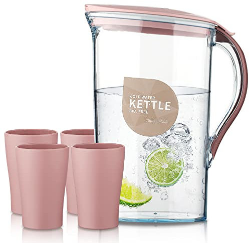 Berglander Jarra de agua de la puerta del refrigerador con tapa 2.1L con 4 tazas perfecta para hacer té, jugo y bebida fría, jarra de fibra de vidrio transparente libre de BPA