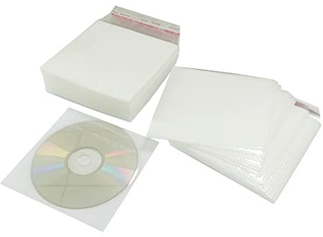 HAPLIVES 100 Pack CD DVD Double-Sided Refill Plastic Sleeves Standard Envelope Cases with Self-Seal Resealable and Flap for Music Movie Video Game Disc (White 1)