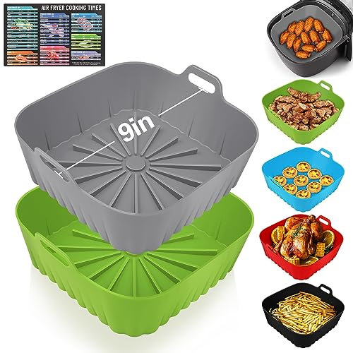 2 PCS Silicone Air Fryer Liners 9 Inch Square Easy Cleaning Airfryer Silicone Liners for 6-9 QT Frying Basket, Heat Resistant Reusable Ninja Air Fryer Accessories (Grey+Green)