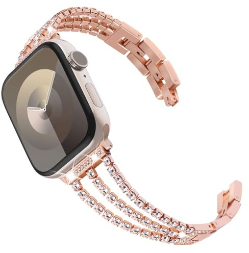 KADES kompatibel mit Apple Watch Armband Damen,Glitzer Diamant Gliederarmband Edelstahl Armband Ersatzarmband für Apple Watch SE Armband, series 10 42mm, 9/8/7 41mm, 6/5/4 40mm,3/2/1 38mm,Roségold