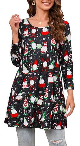 Enmain Womens Christmas Tunic Top 3/4 Sleeve Black Tunics Tops for Women UK Plus Size Round Neck Ladies Longline Swing T-Shirt Casual Santa Claus Pattern Blouse T Shirts for Xmas Festive Holiday 2XL