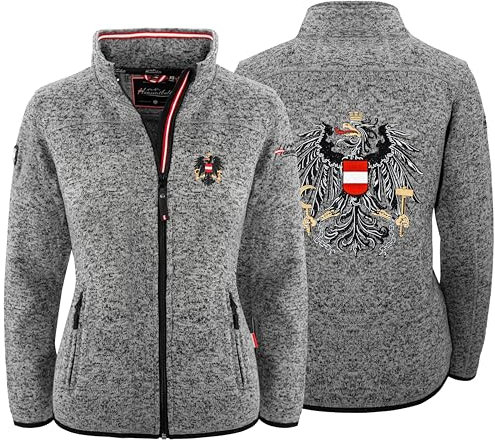 Hoamatkult Österreich Kultjacke ohne Kapuze Damen - das Original - Österreich Adler Strickfleece Jacke - Jacke mit Österreich Adler Stick (Large, Dunkelgrau)