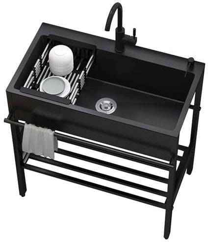 Spülbecken Edelstahl Schwarz Küchenspüle Waschbecken Küche Kitchen Sink Ausgussbecken Freistehendes Spültisch Mobiles Waschtisch mit Armaturen + Abfluss Spülenschrank für Keller Camping Outdoor (Size