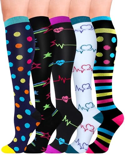 HIPOWER 5 Paar Kompressionsstrümpfe Damen und Herren Bunte Stützstrümpfe Sport Kompressionssocken Stützkniestrümpfe Reisestrümpfe Compression Sock Für Flug Radsport Krankenschwester(D-5 Paar,S-M)
