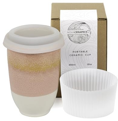NOVA CERAMICS Travel Mug - Travel Coffee Mug – Iced Coffee Cup Unique to Go – Microwave & Dishwasher Safe Coffee Pink Tumbler - Gifts for Women Men Him Her – 12oz – Afterglow