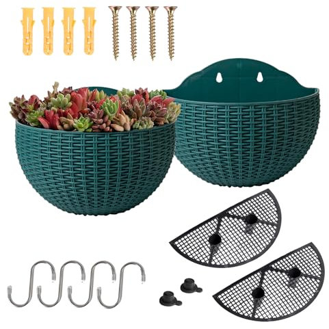 YuanDiann Wandmontage Blumentopf Halbrunder Rattanimitat Hängender Blumenkorb Balkon Innen Außen Garten Deko Pflanzgefäß Blumenampel Selbstbewässerung mit Wasserspeicher Dunkelgrün 2 Pack S