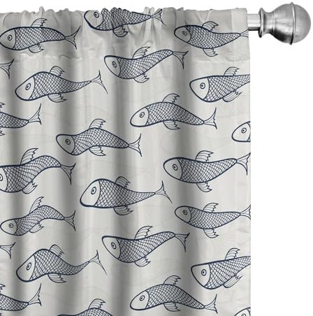 ABAKUHAUS Aquarium Vorhänge 2er-Pack, Dark Blue Doodle Art-Fisch-Figuren Schwimmen Meerestiere Unterwasserfauna, Vorhang für Wohnzimmer Schlafzimmer, 4 Stück 150 cm x 225 cm, Dunkelblau Kokosnuss