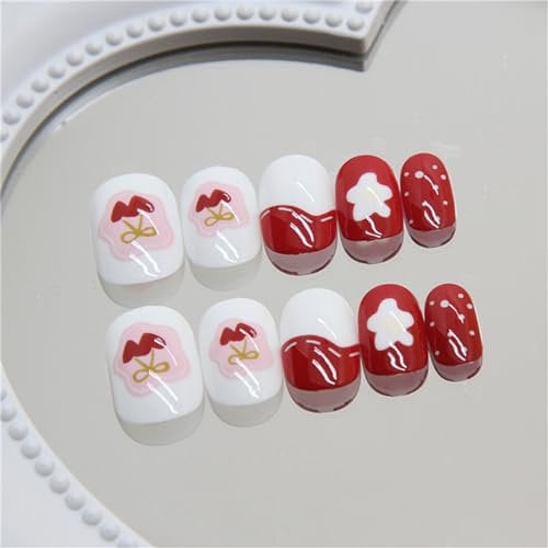 Square Short Fake Nail Cute Red Flowers Summer Press on Nails Tips for Nail Art Decoration Women and Girls Manicure 24pcs