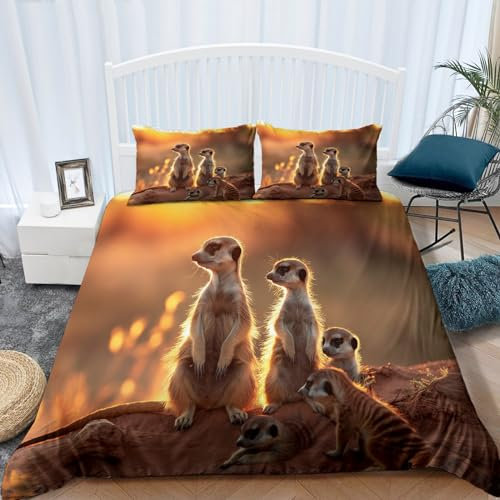 Generic Bettwäscheset 155x200cm mit Reißverschluss Erdmännchen Mit Tiermotiv Braun Kuschel Bettwäsche Set Weich Microfaser Winter Bettwäsche 3Teilig Bettbezug und Kissenbezug 80x80cm
