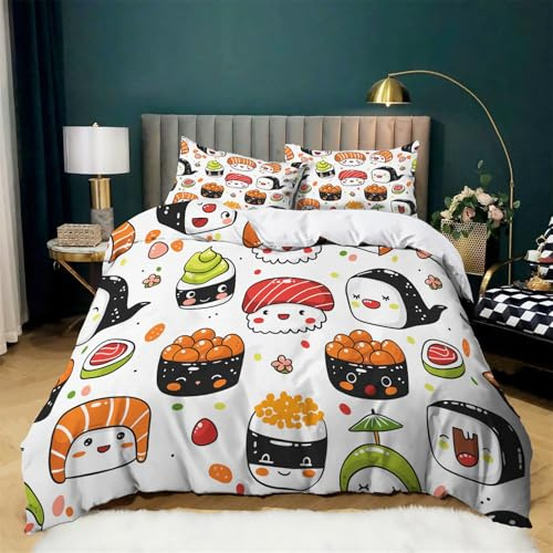 CozyRest Bettwäsche Set 135x200 cm Kawaii-Sushi Bettbezug Set Weiche Microfaser Deckenbezug mit Reißverschluss und 2 Kissenbezug 80x80cm