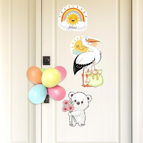 Klapperstorch aus Holz als Geschenk zur Geburt, 30,4 cm, 7-teiliges Set, Storch Geburt Baby, Türschild Wandmotiv, Holzstorch für Draußen und Drinnen