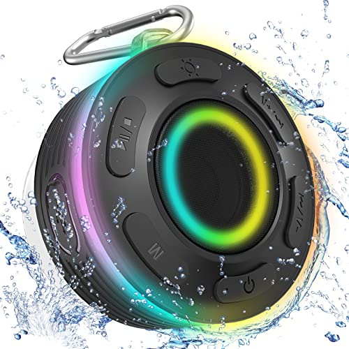 Enceinte Bluetooth 5.3 Étanche IP7 pour Douche, Haut-Parleur avec Appel, Ventouse Puissante, LED Lumière, 360° Stéréo Sans Fil, 8H Basses, Noir Clair