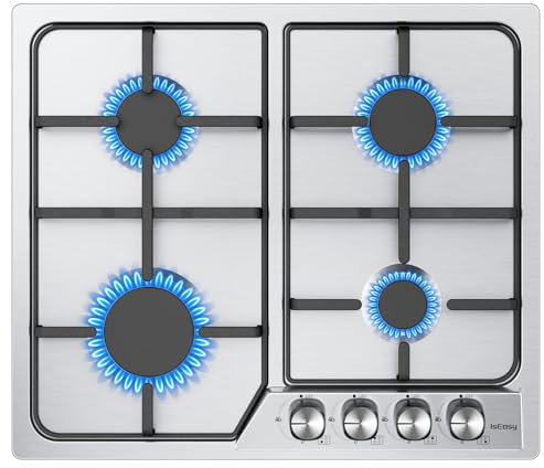 Gaskochfeld 4 Flammig, IsEasy Edelstahl Gaskochfeld mit Automatischer Thermoelementschutz, Einbau Kochfeld Edelstahl 4 Zonen Gaskocher, Erdgas/Propangas, Impulszündung, 59cm, 7200W, 220-240V