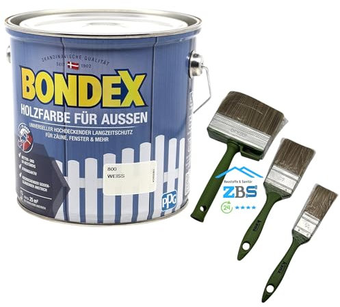 zbs24 Bondex Holzfarbe für Außen, hochdeckender Wetterschutzanstrich, Wetter- & UV-beständig, atmungsaktiv inkl. 3-teiligem Pinselset (weiß, 7,5 Liters)