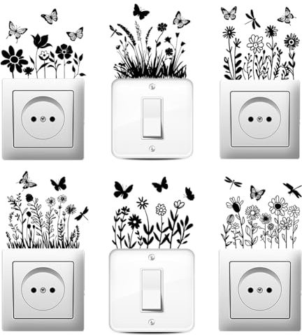 AHANDMAKER 6 x Lichtschalter Aufkleber Mit Pflanzen Und Blumen Silhouette. Wandaufkleber Mit Schmetterlings Und Libellenmotiv Für Lichtschalter Leiste Fahrzeug Und Heimdekor