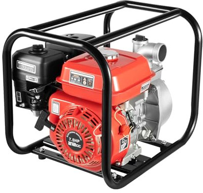 Benzin Wasserpumpe 4kW 25000L/h, 30m Förderhöhe,2 Zoll Anschluss, 7.5 PS Gartenpumpe Schmutzwasserpumpe mit 4-Takt-Motor und 7m Ansaughöhe, Seilzugstart,Benzin Pumpe mit 7.5m Auslassrohr
