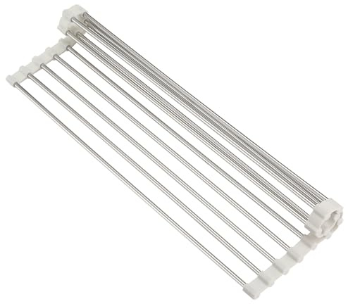 GENIYA Escurridor de platos enrollable, multiusos, para colocar sobre el fregadero, 17.6 x 9.3 pulgadas, de acero inoxidable, plegable, color blanco