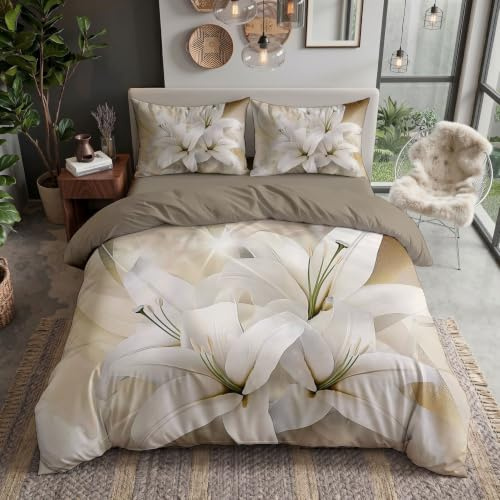 DLERFLOVR Housse de Couette 140x200cm avec 1 Taies d'oreiller 65x65 cm, Parure de Lit Lys Blanc - Literie Fleurs Élégantes - Réversible Housse Couette, pour lit 1 Personne