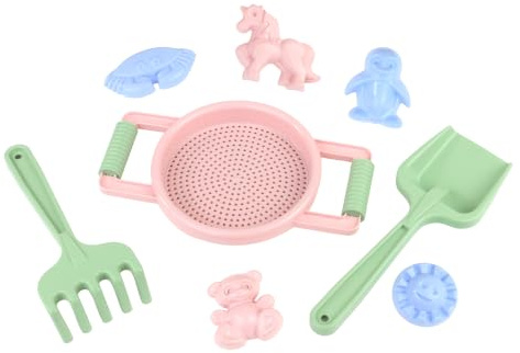 LENA® Sandspielset 8-teilig – Sieb, Schaufel, Rechen & 5 Förmchen – farbig Sortiert – ab 12 Monate – Netzverpackung mit Hangtag – TÜV Zertifiziert – Made in Europe