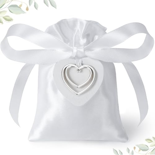 Sonekin 25 Stück Satin Gastgeschenke Hochzeit, Geschenksäckchen mit Herzanhänger und Band(Weiß)