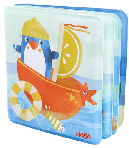 HABA Badebuch Pinguin – Wasserspaß für Babys ab 6 Monaten – Mit Quietsche-Effekt & bunten Illustrationen – Spritzfestes Spielzeug für Badewanne – 2012340001