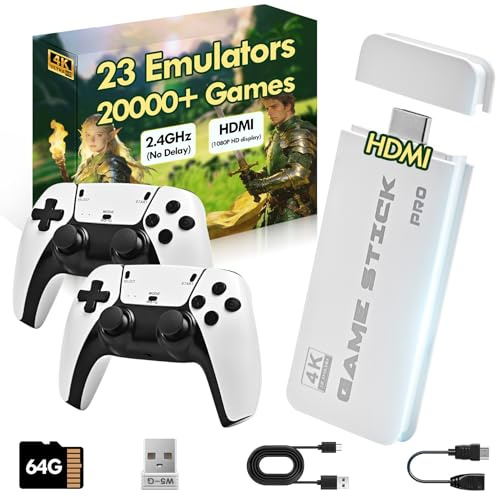 2026 Game Stick 4k 40,000 Games, Retro Gaming Console with Built-in 23 Emulators, HDMI Output, 64G TF Card, 2 Wireless Controllers, Plug and Play
