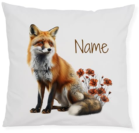 GRAZDesign Personalisiertes Kissen Fuchs – Kissenbezug mit Namen Bedruckt – Dekokissen für Kinderzimmer, Sofa Geschenk – 40x40 cm, Weiß