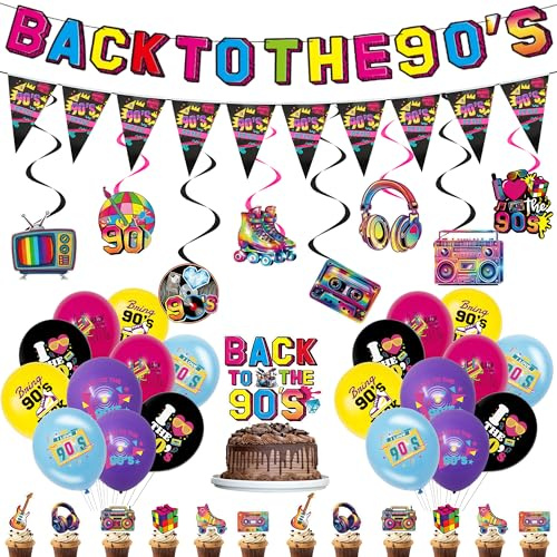 90er Party Deko Girlande Ballons - 43 Stück Deko für 90s Party | 90s Deko mit Back To The 90 Girlande und bunte Ballons für Disco Party