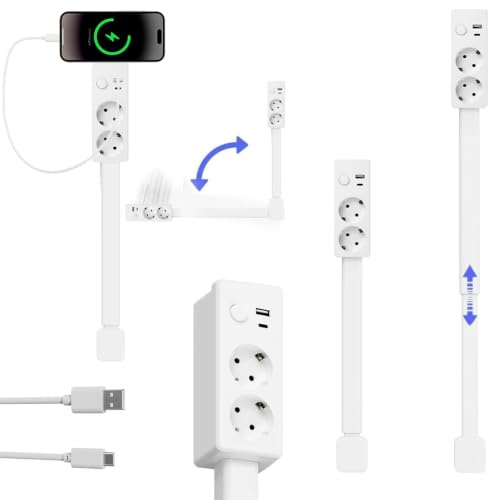 Regleta Extensible y Giratoria 180°, Regleta Retráctil de 45-71 cm con 2 Tomas de Corriente, USB-A y USB-C, Alargador Enchufe para Mesita de Noche,