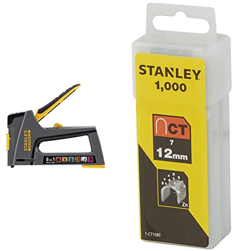 Stanley Fmht6-70868 Tr75 Agrafeuse 6-en-1 Gamme Fatmax - Compacte - Acceptes 6 Formats d'Agrafes & 1-CT108T Agrafe cavalier 12 mm Type 7 Boîte 1000 pièces