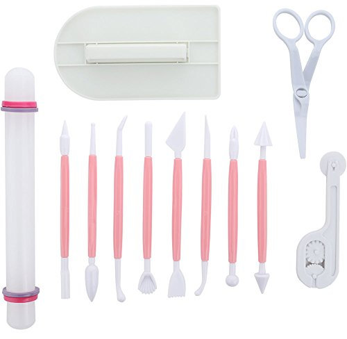 ScivoKaval Kuchendekoration-Werkzeug, 12 Stück, 5 Sets, Zuckerguss, Glätter, Teigrolle, Trimmer, Prägeer, Blumenschere, Modellierzubehör, Zuckerguss, BPA-frei, Kunststoff, Pink