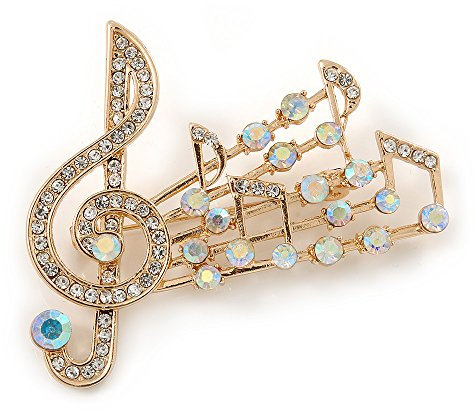 Avalaya Broche notes de musique en plaqué or et cristal AB transparent – 58 mm de large