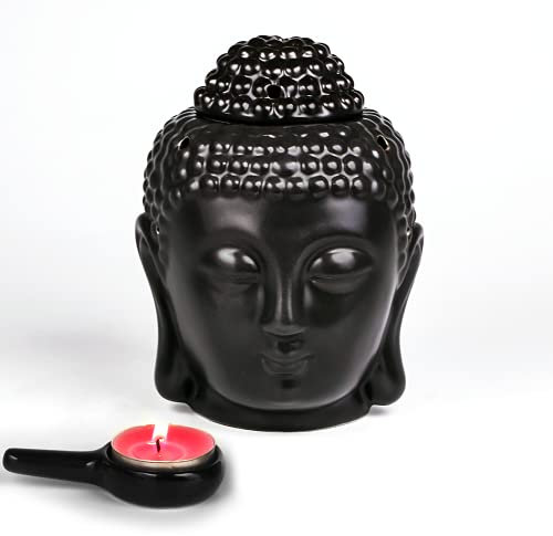EVERGD Set von 2 Buddha-Kopf-Statue, ätherische Öfen, Duftkerzen, Brenner, Keramik, Aromatherapie, Diffusoren für Yoga, Spa, Pilates, Meditation, Raum, Heimdekoration, Geschenk (schwarz)