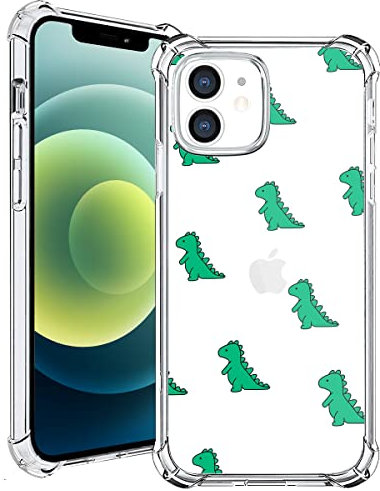 MAYCARI Cute Dinosaur Case Clear for iPhone 12/12 pro 6.1 Inch, Cartoon Animals Pattern Transparent Shockproof Anti-Scratch Soft TPU Cover with Air Cushion for Boys Men Women