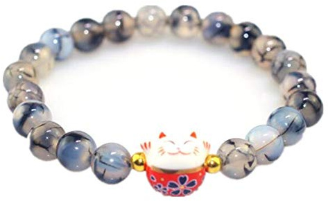 Black Sugar Bracelet Mixte Tête De Chat Maneki Neko Porte Bonheur en Porcelaine Naturelles Marbrée Anthracite Translucide Perles Noires Bleu Blanc Kawai Mignon (Translucide)