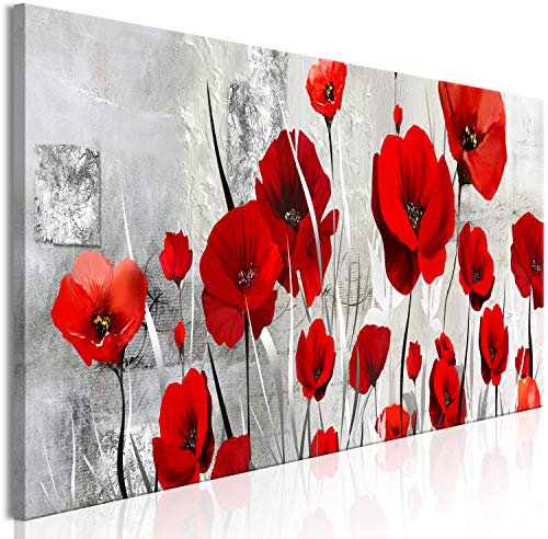 B&D XXL - Tableau décoratif nature 150x50 cm - Impression sur toile colorée - Décoration murale pour salon et chambre - Gris rouge rose - Nature plantes fleurs coquelicots b-A-0784-b-a