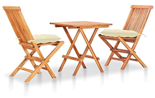 vidaXL Teak Massiv Bistroset 3-TLG. mit Cremeweißen Kissen Klappbar Balkonset Gartenmöbel Sitzgruppe Gartenset Balkonmöbel Tisch Stühle
