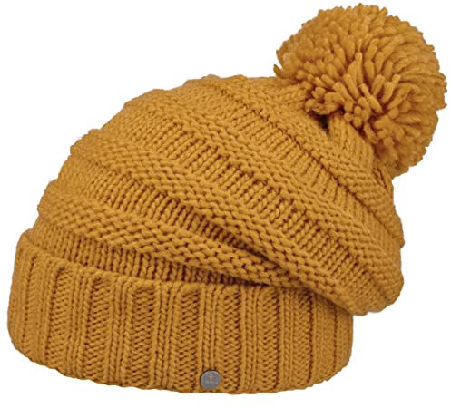 LIERYS Jil Oversize Bommelmütze Damen Umschlagmütze Schurwolle Made in Germany Strickmütze mit Fleece Damen Herbst Winter senf One Size