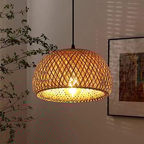 Handgewebte Bambus Lampe Pendelleuchte für Esstisch, Rattan Decke Hängelampe Korblampe mit Stecker, Vintage Kronleuchter Deckenleuchte Deko für Wohnzimmer Kochinsel Restaurant (Halbkreis Lampenschirm)